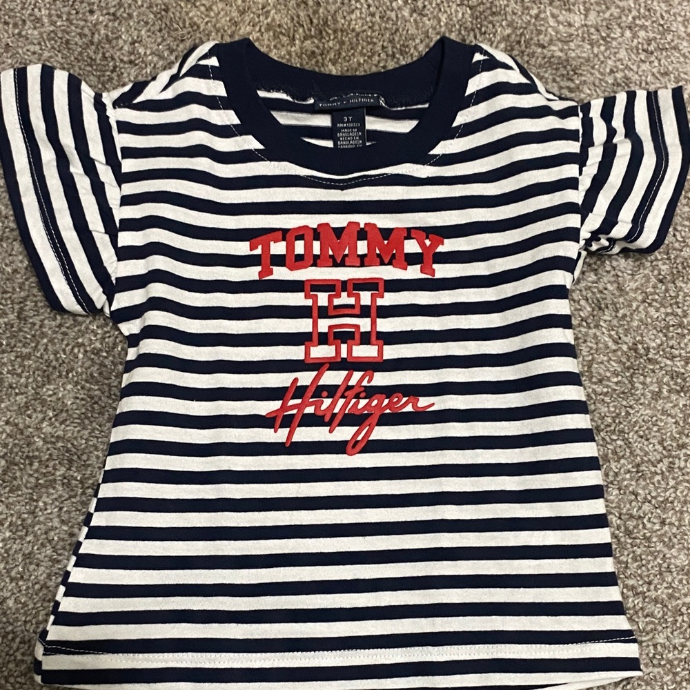 Tommy Hilfiger Kids Navy and White Striped Tee with Red Logo